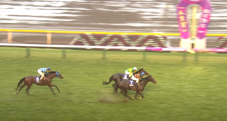 텐노상(가을) 당시 최종 승부, 방송 화면으로도 말 뒤로 파이는 진흙이 선명하다