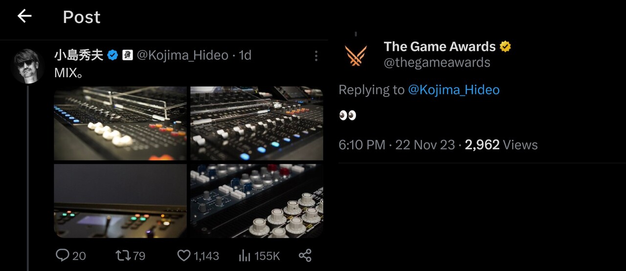 코지마 히데오와 더 게임 어워드의 X(트윗)