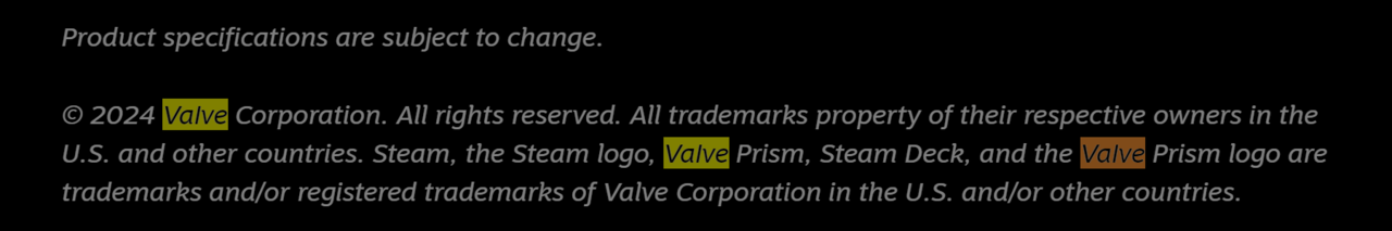 검색을 통해 홈페이지 내 면책조항에서 회사명 '밸브(Valve)' 의 소문자 'l'을 대문자 'I'로 표기한 것을 확인할 수 있다.