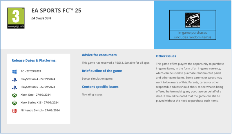 여느 게임보다 유료 뽑기 강도가 세다고 비판 받지만, 전체 이용가 등급을 받는 'FC 25'
