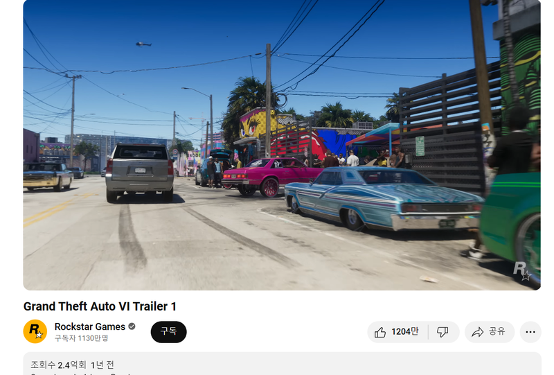 GTA6 최초 트레일러의 현재 조회수는 '2.4억'