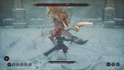 빙글 돌면서 뒤로 물러선 뒤, 창끝에서 살짝 빛이 난다.​​​​​​​ 가드 불가 찌르기 패턴이므로 피해주도록 하자.